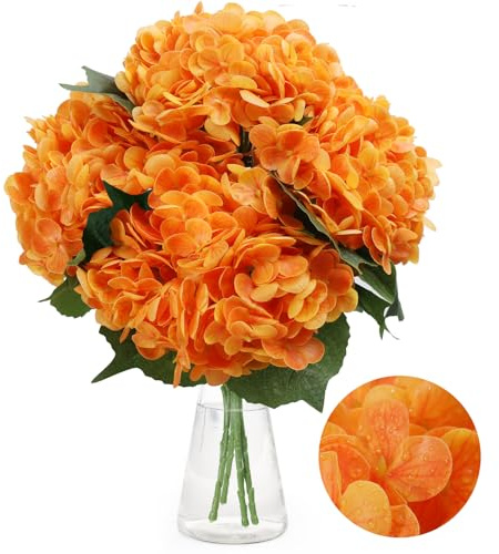 Lot de 4 fleurs d'hortensia artificielles en latex au toucher réaliste pour fête de mariage, bureau, décoration d'intérieur (orange)