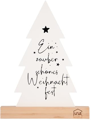 UNUS Espositore per albero di Natale, in bambù e metallo, bianco, decorazione natalizia sostenibile con scritta festiva, decorazione moderna da tavolo, davanzale