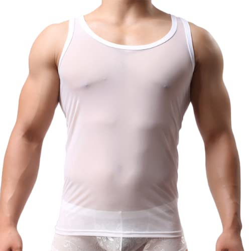 Camiseta Mangas Rejilla para Hombre Tirantes Malla Chaleco sin Transparente(Size:L,Color:Blanco)