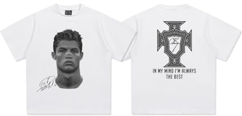 Cristiano Ronaldo Football Superstar Fashion Bedrucktes Kurzarm-T-Shirt – Herren und Damen Distress American Cotton T-Shirt (DE/NL/SE/PL, Alphanumerisch, S, Regular, Regular, White)
