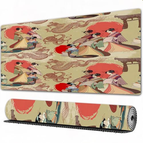 FEHWI Gaming Mouse Pad Extra Large Keyboard Mouse Mat Desk Pad Soft Smooth Surface and Anti-Slip Rubber,Traditional Japanese culture red sun dragons and geisha woman pattern. Japan art.,16x35.5 in