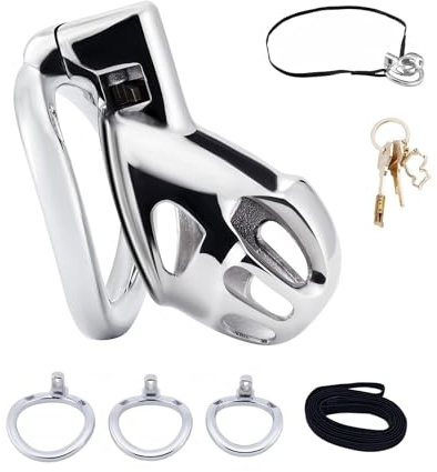 Crysore Metall Peniskäfig Sexspielzeug Chastity Cage mit 3 Verschieden Ringen Keuschheitskäfig mit Verstecktem Schloss und Gürtel zum Fesseln von Männerpenissen Cock Cage aus Edelstahl