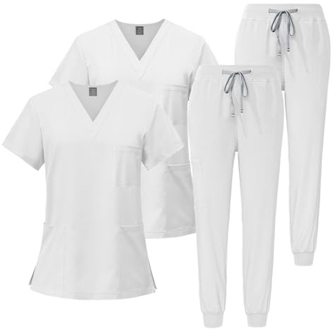 Meichoon Medical Scrubs Set 2 pezzi tuta da donna morbida senza pieghe Top elasticizzato pantaloni da jogging medico dentale DK05 bianco XXL