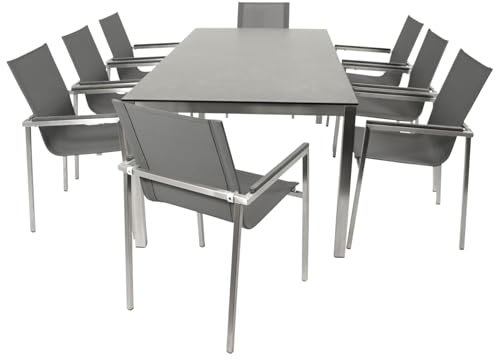 DEGAMO Gartengarnitur Melbourne 9-teilig Edelstahl (8X Stapelsessel Kunstgewebe grau und 1x Tisch in Keramikoptik 200x100cm), Outdoor wetterfest