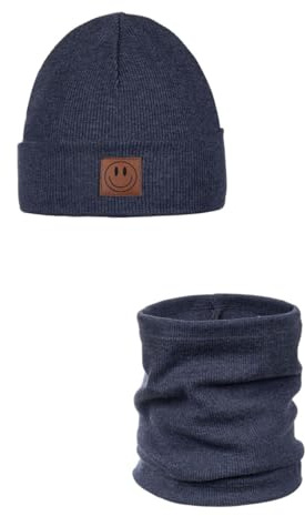 ANDER Cappello e Scaldacollo Bambini SMILE – Set di Berretto e Sciarpa Colletto in Cotone – Primavera Autunno – Unisex Ragazzi Ragazze – Morbido e Alla Moda Melange 48-52