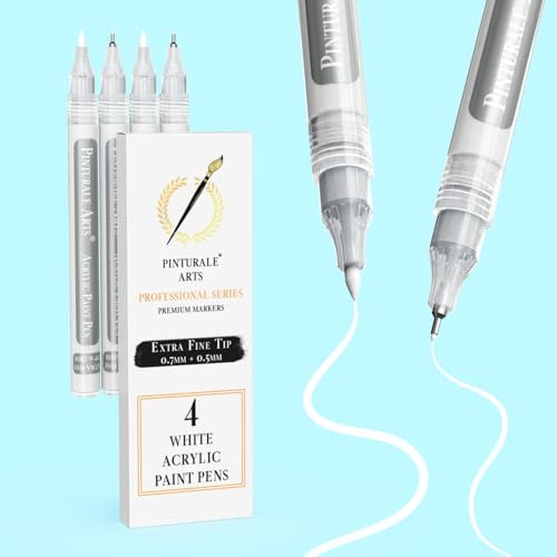 Pinturale Arts Marqueur Acrylique Blanc | Lot de 4 Feutre Acrylique Blanc Dessin Pour Papier Noir, Pointe Fine (0,7mm et 0,5mm) | Pour Bois, Verre, Pneu, Pierre