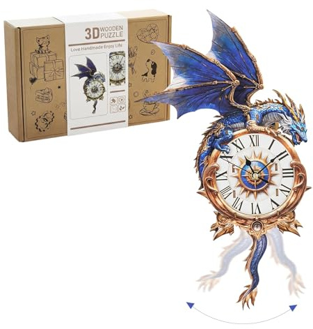 Lilcubics 3D Holz Drachen Uhr Puzzle für Erwachsene - Mechanisches Modellbausatz mit Pendel & Glockenspiel, DIY Wanduhr für Home Office Decor, Weihnachten Drachen Geschenke Ornament für Männer Frauen