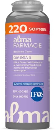 Omega 3 Alma Farmacie 220 Softgel Certificato IFOS 5 Stelle | 400 mg EPA e 300 mg DHA per dose, olio puro per il controllo dei trigliceridi, cuore, mente, occhi. Senza Glutine e Lattosio