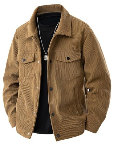 Mrat Men's Corduroy Jackets Uk Winter Warm Jacket Vintage Lapel Colar Button Down Coats Thermal Slim Fit Shirts Long-Sleeve Casual Loose Fit Trucker Jacket with Pockets Overcoat Shackets Outwear M-5XL