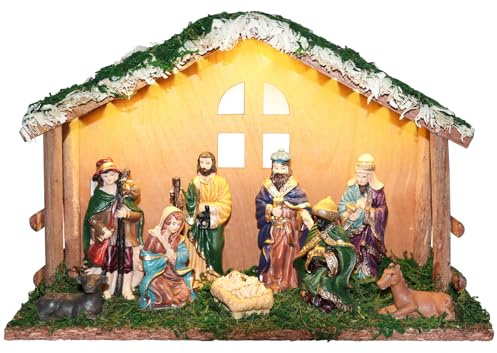 GDGZT Presepe di Natale completo in legno con illuminazione, presepe Natale con 9 statuette dipinte a mano, presepe in legno con muschio stalla per decorazioni interne da tavolo
