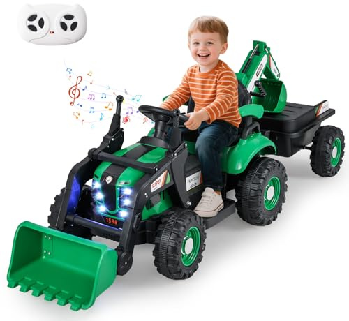 RELAX4LIFE Trattore Elettrico 4 in 1 per Bambini, Escavatore e Bulldozer con Rimorchio, Pala e Ruote Antiscivolo, Veicolo da Cantiere con Sedile Regolabile, Luci LED per Bambini di 3+ Anni (VERDE)