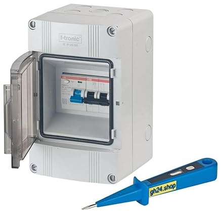 Sicherungskasten IP65 für Garten, Camping, Wohnmobil und Boote mit ABB FI-Schutzschalter 25A 30mA und Sicherungsautomat B10A 2-polig