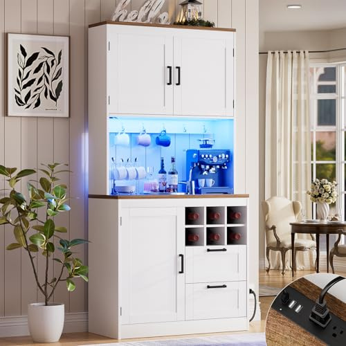 Unikito 72 Tall Pantry Cabinet, Kitchen Pantry Storage Cabinet with LED Light & Outlet, Kitchen Hutch Bar Cabinet with Microwave Stand, Wine Rack, Drawers and Shelves, Cupboard for Dining Room, White