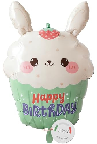 balloa Folienballon XXL Cupcake Bunny Happy Birthday, Helium Ballon Hase Deko, Luftballon Geburtstag Kinderparty, Geschenk zum Geburtstag für Mädchen und Jungen, Partydeko Cupcake Bunny Ballon, 59cm