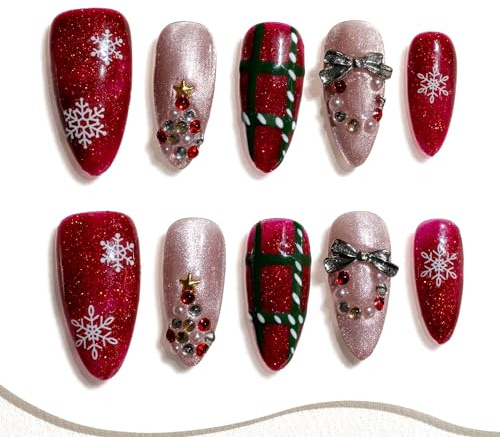 Sun&Beam Nails Handmade Press-on Medium Almond Red Green Winter Plaid Christmas Xmas Design Fashion False Nail Tips 10 Pcs Set (#280 S)