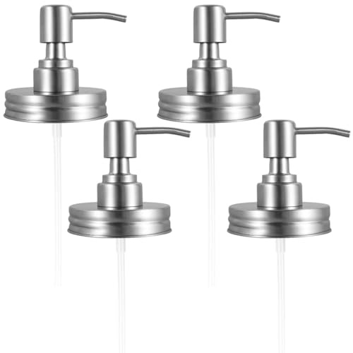 4pcs Mason Jar Soap Dispenser Lid and Pump Replacement Brushed, Stainless Steel Leakproof Mason Jar Pump Lid Lotion Soap Dispenser Lids with 3.9 Inch Tube and Gasket for Home Kitchen Bathroom
