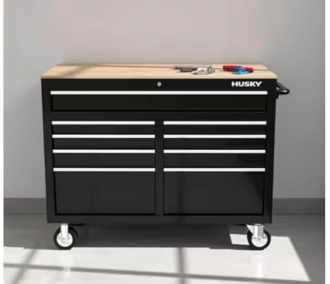 46 in. W x 18 in. D 9-Drawer Mobile Workbench Cabinet, Gloss Black, Steel, Solid Wood Top, with Power Strip and Casters