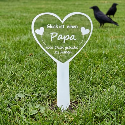 FDHBDF Herzförmiger Grabstecker 16x26cm, Wetterfeste Grabdekoration für Friedhof mit rührendem Spruch Grabdekoration für Urne und Garten Weiß (Papa)
