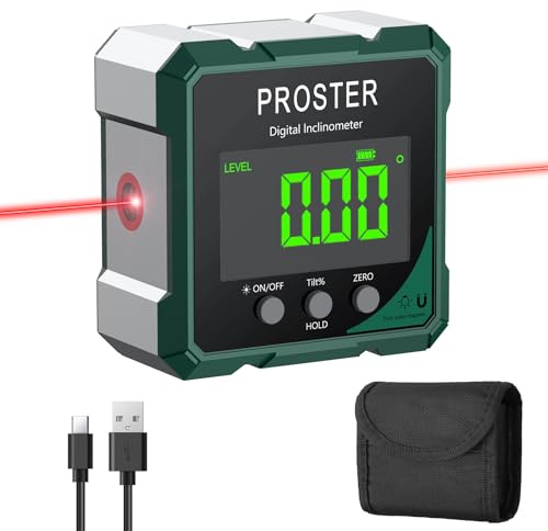 Proster Inclinometro Digitale con Laser 4x90°, Goniometro Digitale Magnetico con Display LCD VA e Batteria Ricaricabile USB-C Misuratore Angoli Professionale Precisione ±0,1° per Falegnameria Officina