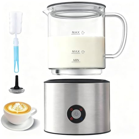 Espumador de Leche 4 en 1, Calienta leche Espumador Electrico 500ml Silenciosa, Calentador de Leche Inducción Automáticas con Desmontable Vaso de Vidrio, para Capuchino, Chocolate
