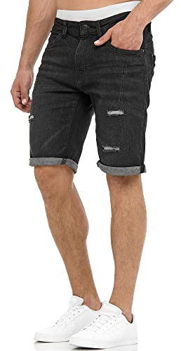 Indicode Hommes Caden Jeans Shorts | Pantalon Court en Jean à 5 Poches Holes - Black L