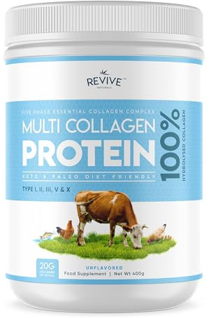 Multi Collagen Protein Powder 400g - Types I, II, III, V & X - Hydrolyzed Grass Fed Bovine, Wild Caught Fish, & Free-Range Chicken & Eggshell Collagen (1 Month Supply)