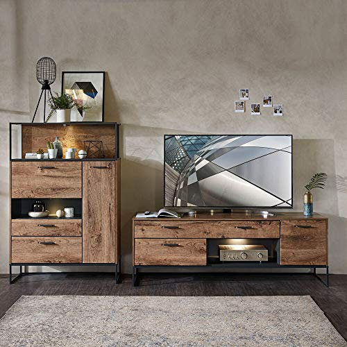 Lomadox Industrial TV-Wohnwand in Haveleiche Cognac mit Matera anthrazit inkl. LED-Unterbaubeleuchtung