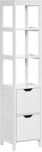 kleankin Armario Alto de Baño Multiusos Mueble Columna con 3 Estantes Abiertos y 2 Cajones de Almacenaje Diseño Antivuelco 30x30x144 cm Blanco