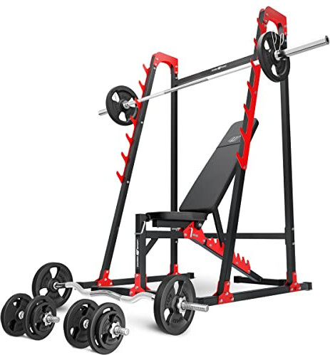 Marbo Sport Sport-Set MH24 – verstellbare Hantelbank, Langehantelständer, 1 x SZ-Curlstange, 2 x Kurzhantelstange, 1 x Langhantelstange + Gewichtsscheiben 83 insg. Kg