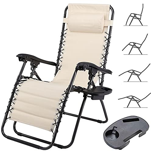 BAKAJI Chaise Longue Transat Jardin Plein Air, Transat de Plage Pliable, Bain de Soleil avec Repose-tête, d’accoudoirs Réglables, Chaise de Camping Gravité Zéro en Oxford (Beige avec Plateau)