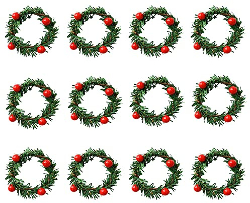 Gukasxi 12 anelli di candela di Natale con corona di Natale da 4,5 cm, mini ghirlanda di Natale con bacche rosse, portacandele artificiali, per centrotavola rustica,decorazione per la tavola di Natale