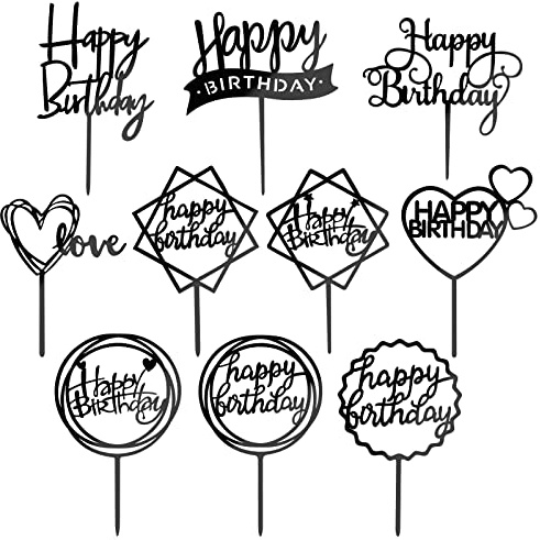 MOGADEE® 10 stycken svarta, Happy Birthday-tårtdekorations-set, akryl glitter cupcake-topper, krans hjärtan stjärnor, tårta topper, Happy Birthday-tårta dekoration för flickor, barn, bröllop(blandat)