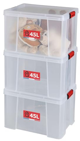 SUNDIS Clip'N Store 45l, set med 3 förvaringslådor i transparent plast, förstärkt med clip-on lock, lämplig för matkontakt, raka väggar, stapelbar och kombinerbar