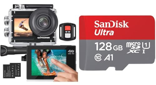 Exprotrek Action Cam 4K Unterwasserkamera Wasserdicht & SanDisk Ultra Android microSDXC UHS-I Speicherkarte 128 GB + Adapter