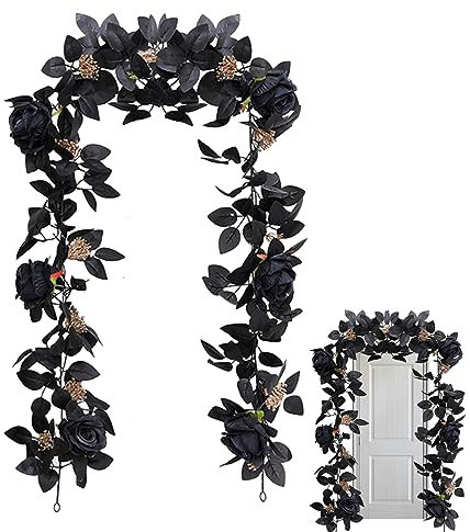 Rose Girlands zur Dekoration, Schwarze Rose Garland 69 Zoll künstliche Rosenrebe mit schwarzen Beeren und Blätter Flexibler realistischer, lebendiger Blumengirlande für Herbst Thanksgiving Wohnheim,