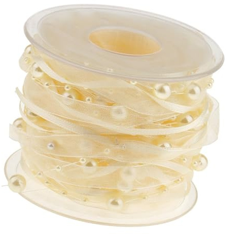 10m/rolle Perlenkette Perlen Geschenkband Beige Organza Satinband Draht Perlen Kette Schleifenband für Weihnachtsbaum Hochzeit Girlande Dekoration Geschenkverpackungen DIY Handwerk