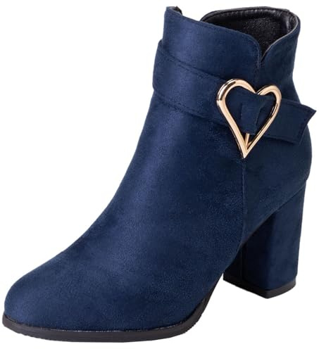 XINXINIO Stivaletti eleganti da donna con tacco grosso e mentale alla moda, Blu scuro, 37 EU
