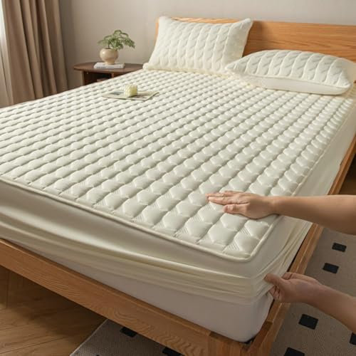 AMDXD Betthusse mit 2er Kissenbezüge 200x220cm Set 3teilig Hotel, 3D Muster Spannbettlaken für Topper Einfarbig Creme Weiß Textilien Klassische, Polyester Baumwolle Laken für Bett