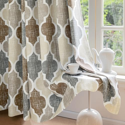Beauoop 100% Blackout Curtains 63 Inches Long 2 Panels for Bedroom Living Room Brown Grey Moroccan Geo Room Darkening Thermal Insulated Soundproof Grommet Top Window Treatments Drapes, 50x63 Set of 2