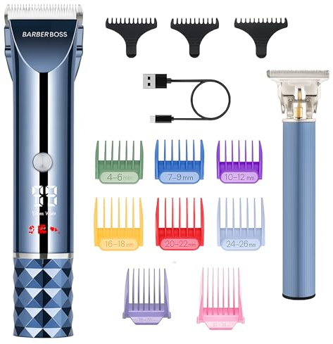 Barberboss Men’s Cordless Hair & Beard Trimmer, Turbo Mode Grooming Kit, 8 Colour Combs, Adjustable Dial, LED Battery Display & Ceramic Blade, Complete Grooming Kit for Men
