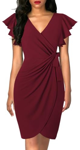 MISSJOY Ruffle Dress for Women Wrap V Neck Knee Length Dress Burgundy Large
