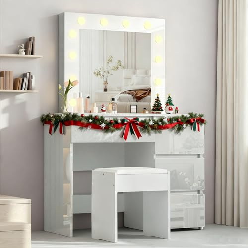 BSTSEL High Gloss Dressing Table and Stool with Adjustable Brightness LED Lights Mirror, Vanity Desk Makeup Table 4 Dreawers for Bedrrom Living Room
