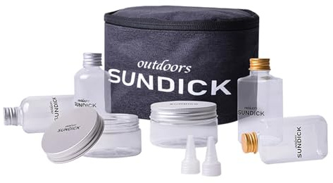 FUANA Lot de 8 bouteilles d'épices de voyage avec 6 pots et 2 bouchons de liquide pour assaisonner sel, poivre, condiments, sac en tissu Oxford portable, contenants en PET de qualité alimentaire de 75