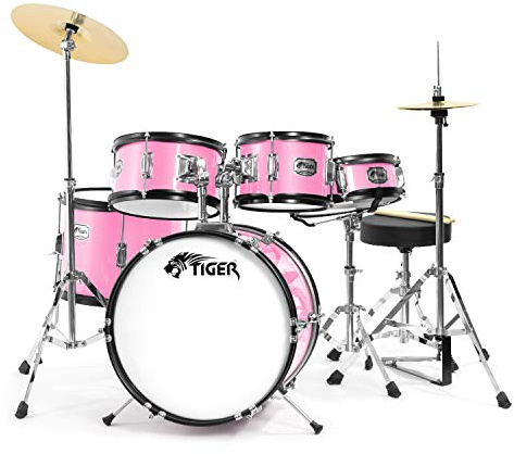 TIGER JDS14-PK 5 Piece Junior Drum Kit Drum Set for Kids with Snare, Toms, Bass Drum, Bass Drum Pedal, Hi-Hat and Crash Cymbals, Throne and Sticks Pink