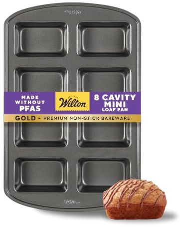 Wilton Gold Non-Stick Bakeware Mini Loaf - Baking Pan for Mini Banana Breads, Cakes & More - Made Without PFAS - Offers Even Heat Distribution & Hassle-Free Cleaning - 15 x 10 x 1.6 Inch, 8 Cavity