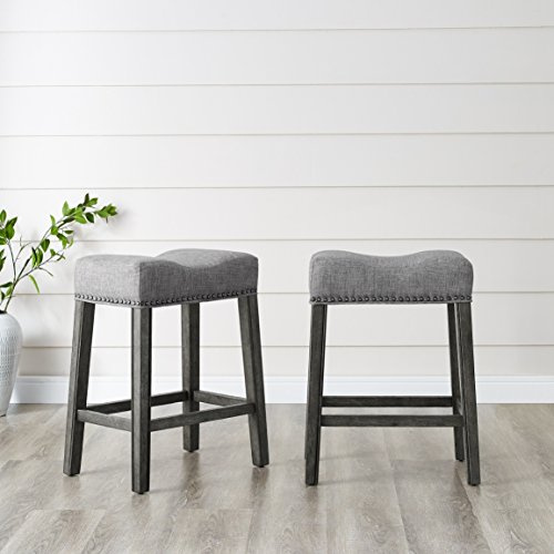 Roundhill Furniture Coco Upholstered Backless Saddle Seat Counter Stools 25.5 Height, Set of 2, Gray