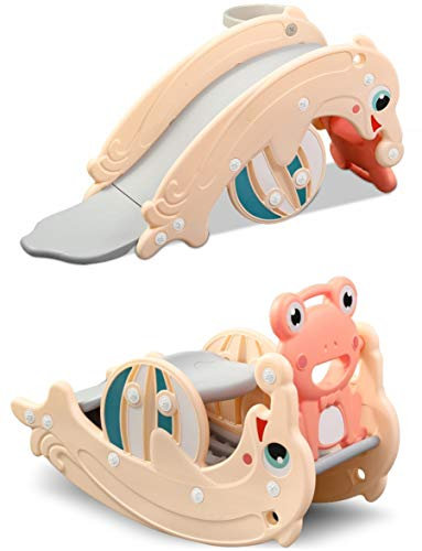 Clamaro 'Delphin' 2in1 Kinder Rutsche und Wippe Kombination, Schaukeltier einfach umdrehen und aus wird eine Kinderrutsche für drinnen und draußen (ohne Umbau) - inkl. Basketballkorb - Coral