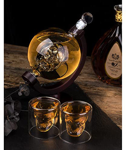 Skull Whiskey Decanter Set ,Skull Glass Globe Skull Glass Decanter Set for Wiskey Liquor, Bourbon, Vodka with 2 Glasses