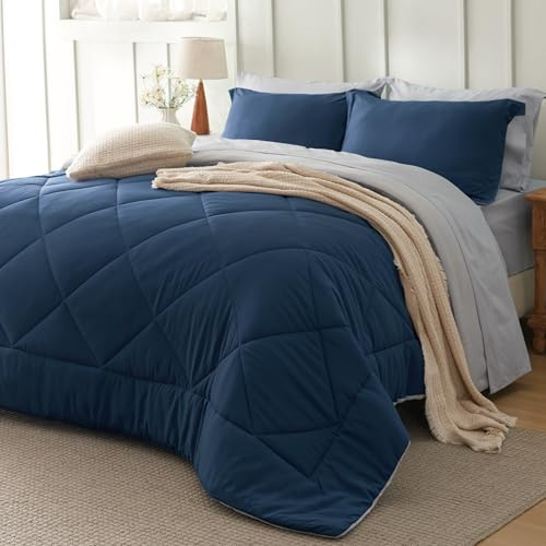 Bedsure Full Size Comforter Set - 7 Pieces Reversible Navy Bed in a Bag Full, Full Size Comforter Sets for Boys for All Seasons with 1 Flat Sheet, 1 Fitted Sheet, 2 Pillowcases and 2 Pillow Shams