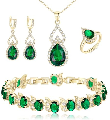 Clearine Schmuck-Set für Damen versilbert Teardrop kubischer Zirkon Halskette offen verstellbaren Ring Ohrringe Armband-Set für Hochzeit/Jubiläum/Muttertag